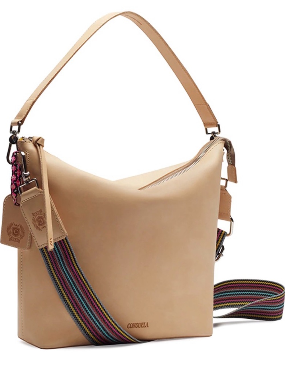 Consuela Diego Hobo - Natural Leather Shoulder Bag with Multicolor Strap